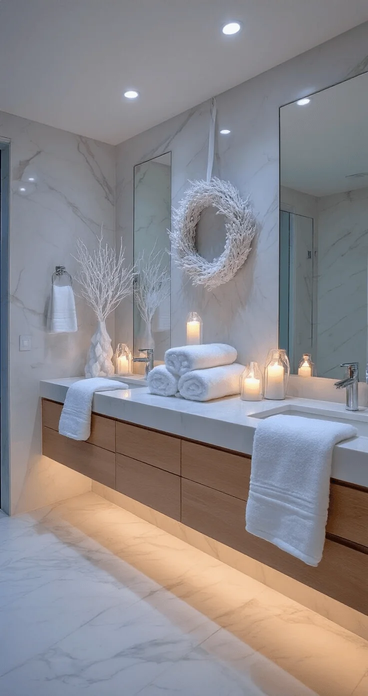 Enchanting Christmas Bathroom Makeover: Elevate Your Space in 60 Minutes Modern spa bathroom with floor-to-ceiling marble tiles, floating teak vanity, and twilight lighting. White and cream Christmas decor includes oversized fluffy towels, ceramic trees, and vanilla-scented candles. A minimalist white branch wreath hangs above the mirror, with heated floors and subtle under-cabinet lighting enhancing the serene atmosphere.