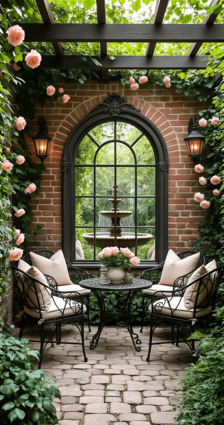 Garden Mirror Styling Ideas Cozy garden nook featuring a large arched mirror against rustic brick walls, surrounded by climbing roses and wrought iron furniture, illuminated by soft morning sunlight.