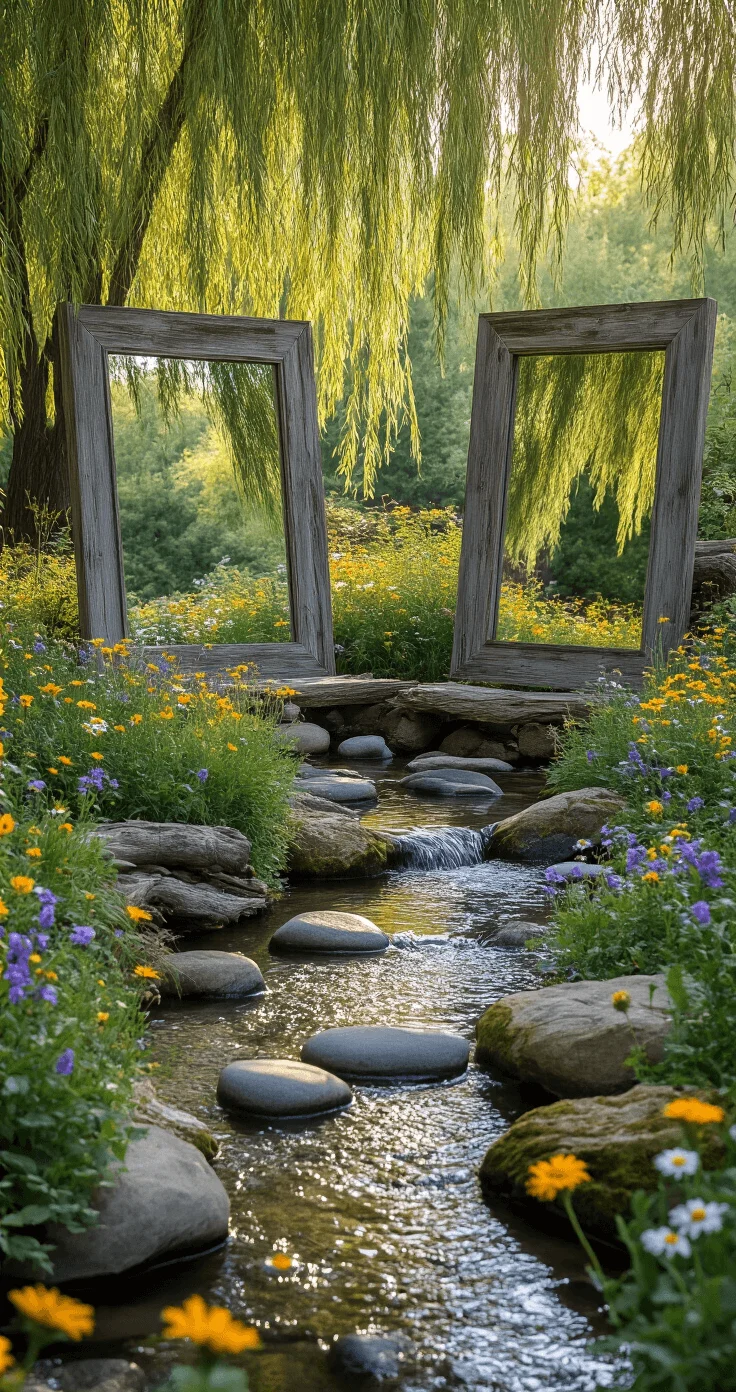 Rustic Garden Mirror Style Rustic garden setting with reclaimed wooden-framed mirrors reflecting a serene creek, surrounded by wildflowers and shaded by mature trees, bathed in gentle morning light.