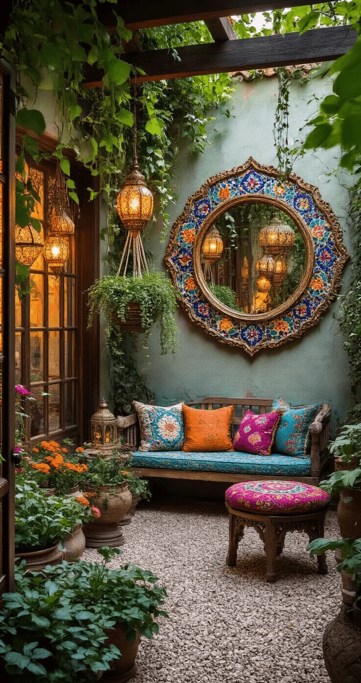 Bohemian Garden Mirror Ideas Bohemian garden corner featuring ornate mosaic mirrors paired with vibrant jewel-toned decor, rustic furniture, and lush plants, illuminated by warm evening light.