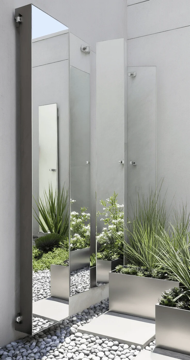 Modern Garden Mirror Placement Modern urban garden with frameless mirrors reflecting sculptural succulents and ornamental grasses, set against a minimalist backdrop of whites and grays, illuminated by afternoon sun.