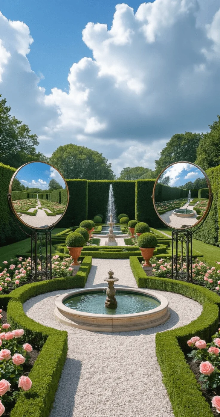 Formal Garden with Convex Mirrors Formal garden featuring convex mirrors reflecting symmetrical boxwood hedges, white gravel paths, and terracotta urns with topiary, centered around a limestone fountain under bright midday sun.