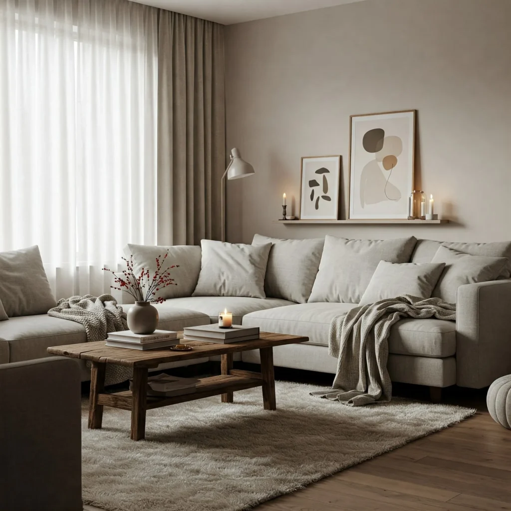 Living room with soothing earth tone palette