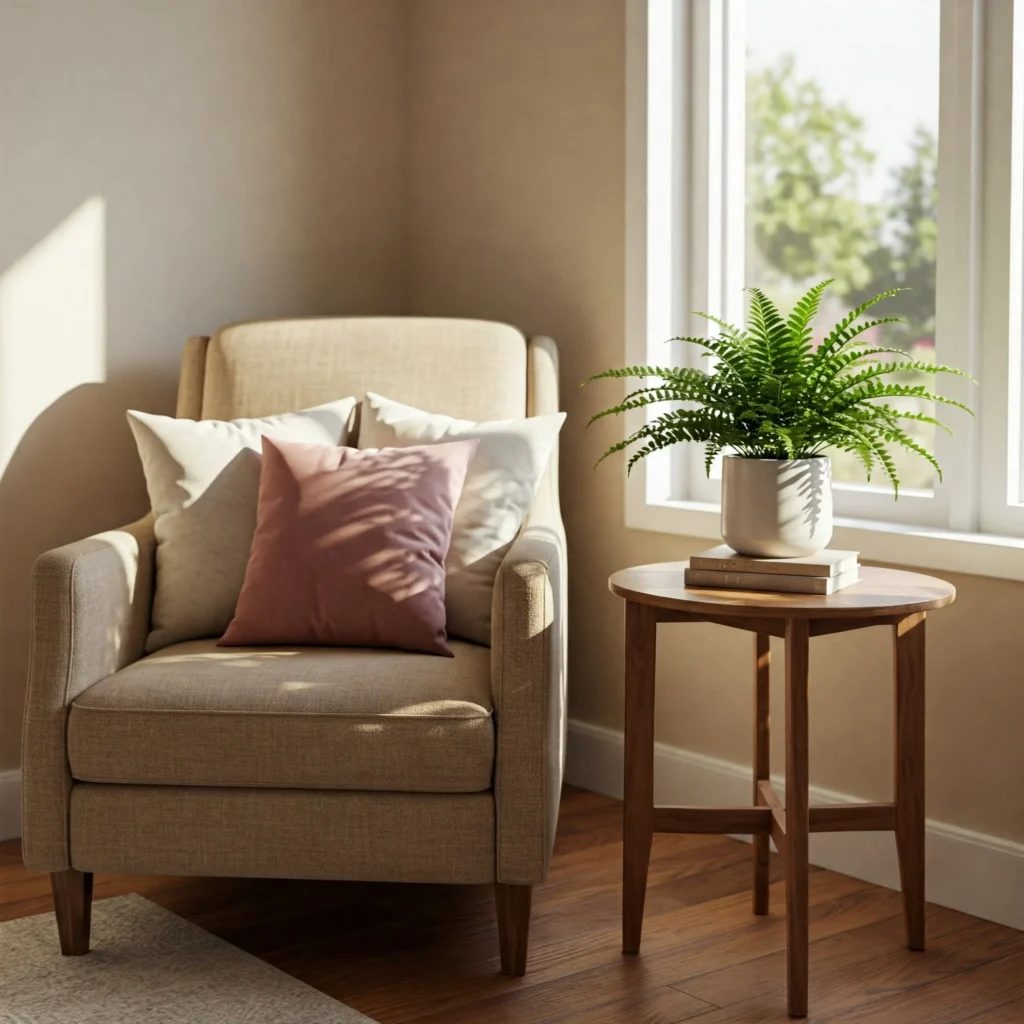 Cozy reading nook with plush chair and plants