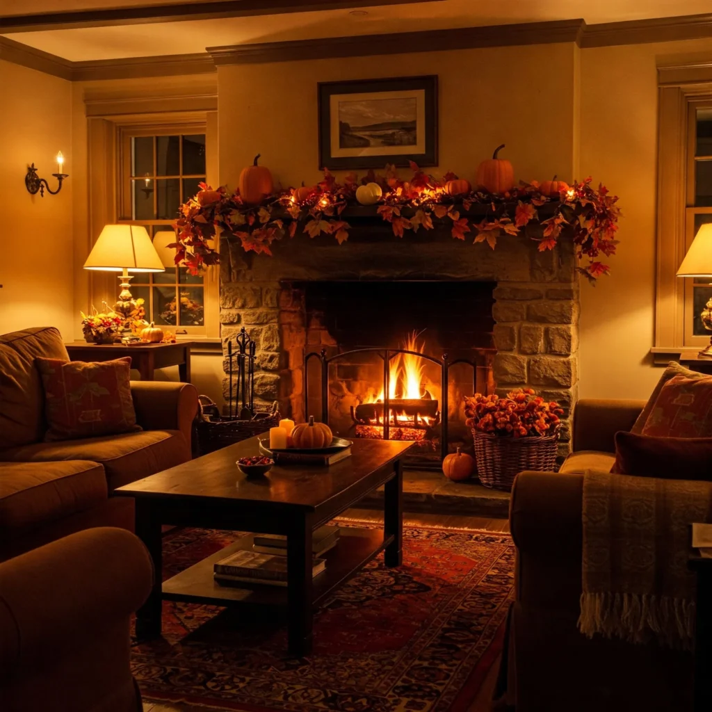 Seasonal decor with autumn leaves and candles