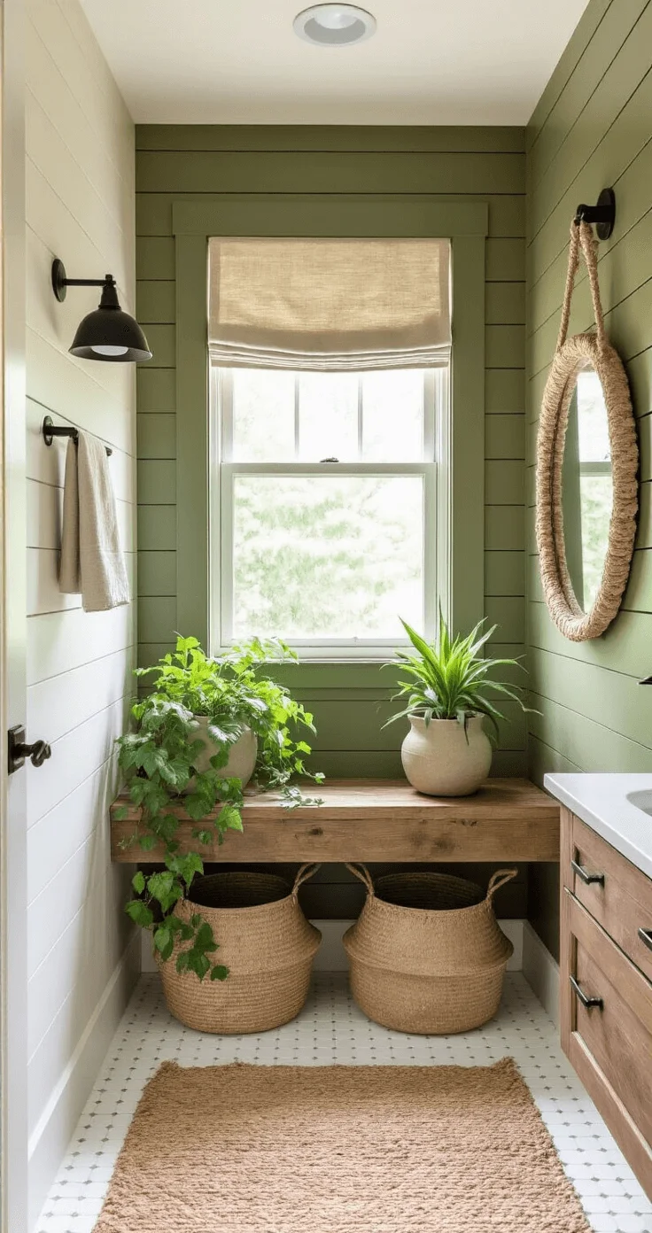 Cozy bathroom with olive green shiplap wall, natural light, wooden shelf with plants, black fixtures, jute rug, and brass mirror