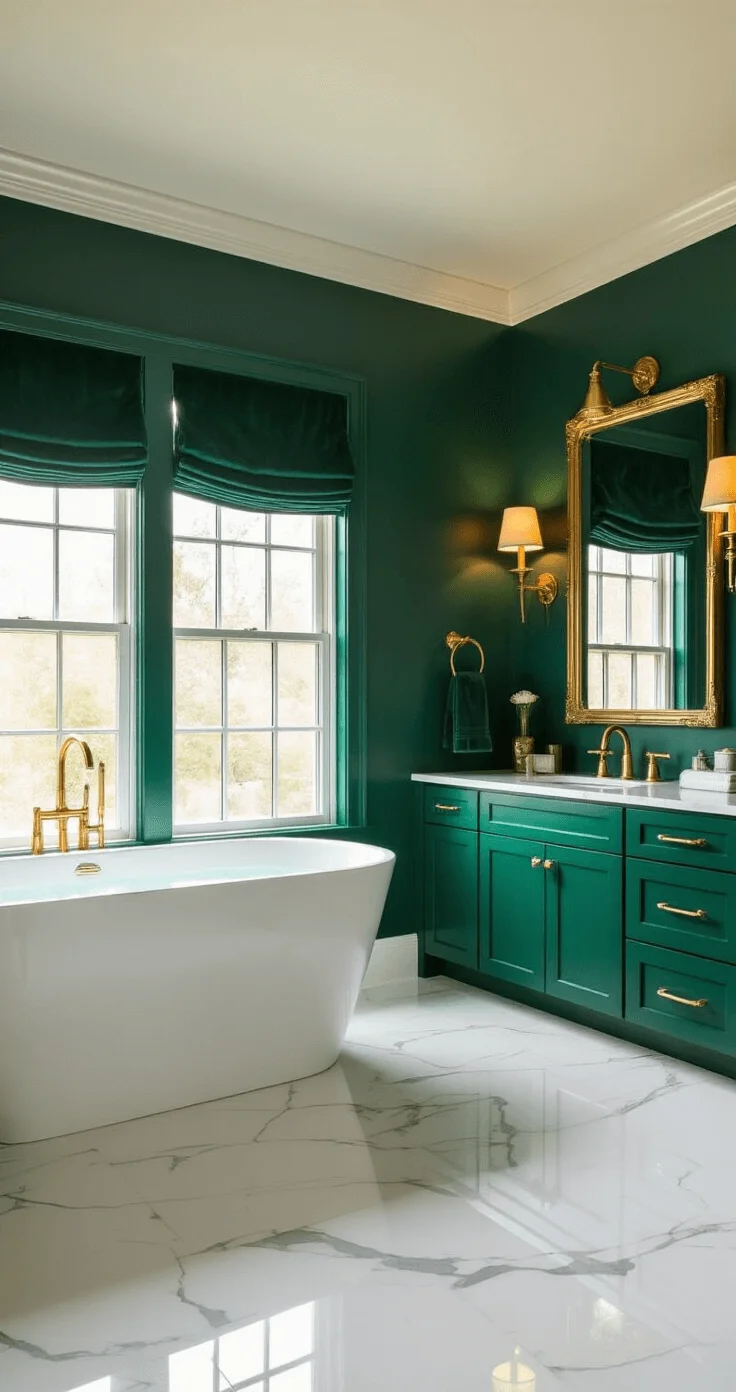 Luxurious bathroom with emerald green accent wall, brass lighting, white marble floors, vintage fixtures, deep green cabinetry, velvet curtains, and gold-framed mirror