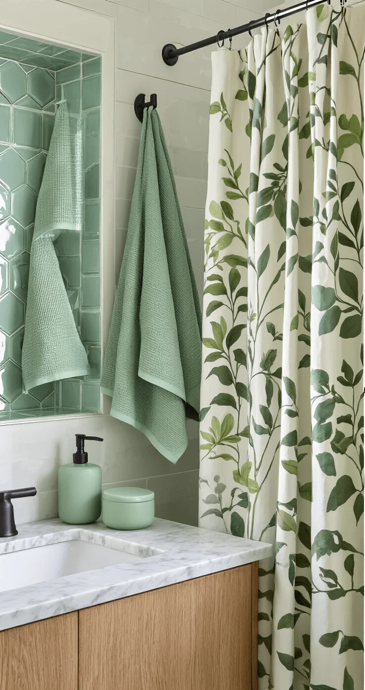 Bathroom featuring diverse green tones and materials including sage towels, mint tiles, forest green soap dispensers, botanical shower curtain, matte accessories, and wood vanity illuminated by natural light