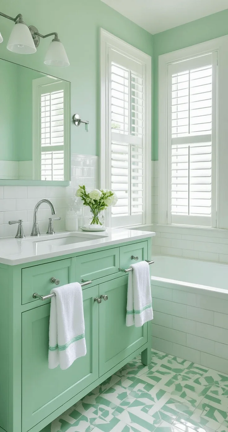 Bright bathroom with mint green vanity, white subway tiles, geometric floor tiles, chrome fixtures, and white towels with mint trim