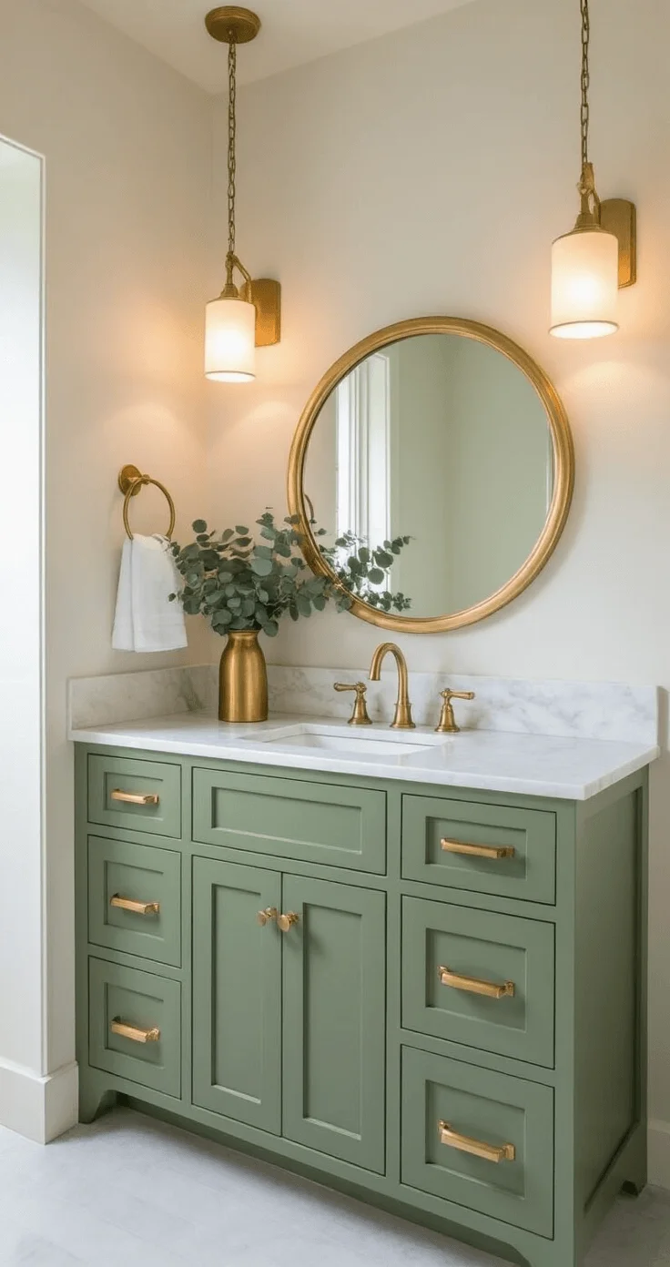 Elegant bathroom with sage green vanity, gold accents, brass faucet, round mirror, marble backsplash, pendant lighting, and eucalyptus in brass vase