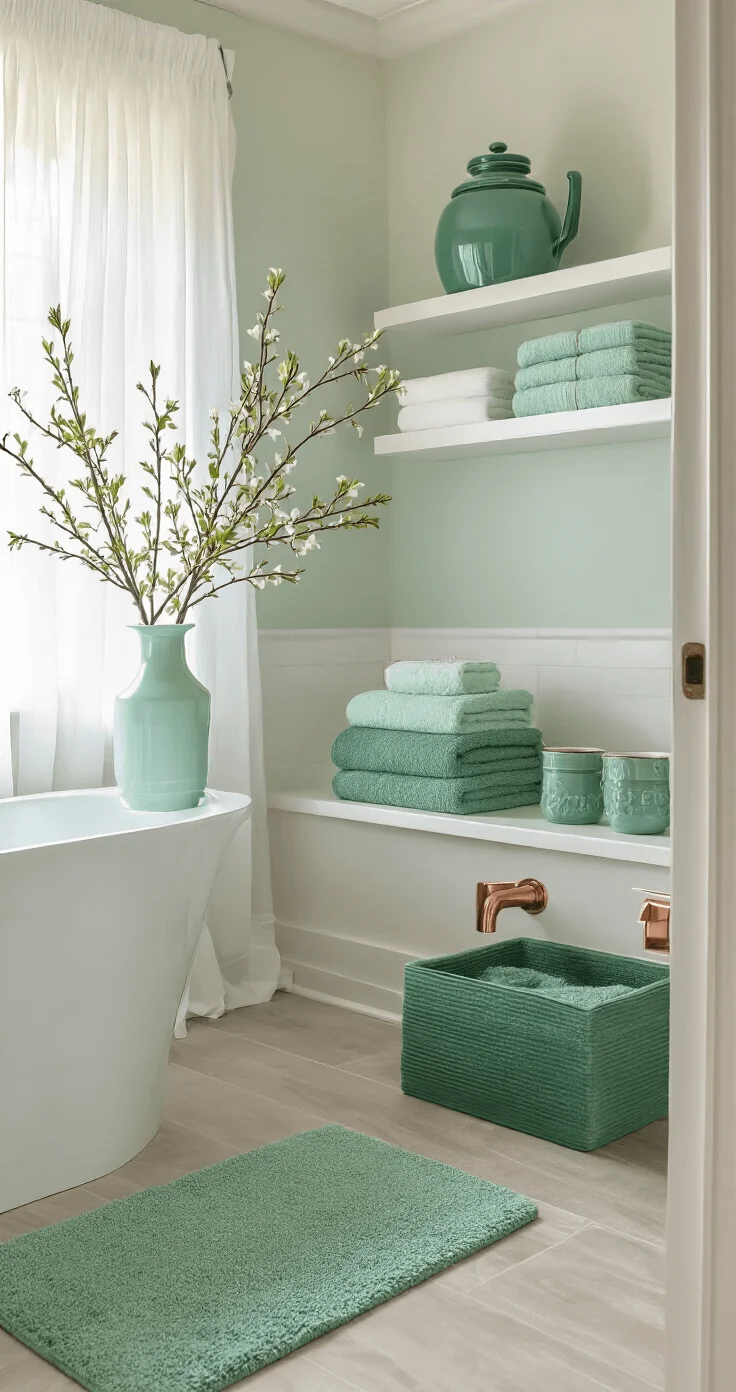 Bathroom styled with a gradient from light mint to deep emerald, featuring copper accents, floating shelves with mint accessories, emerald towels, and fresh spring branches in a mint vase