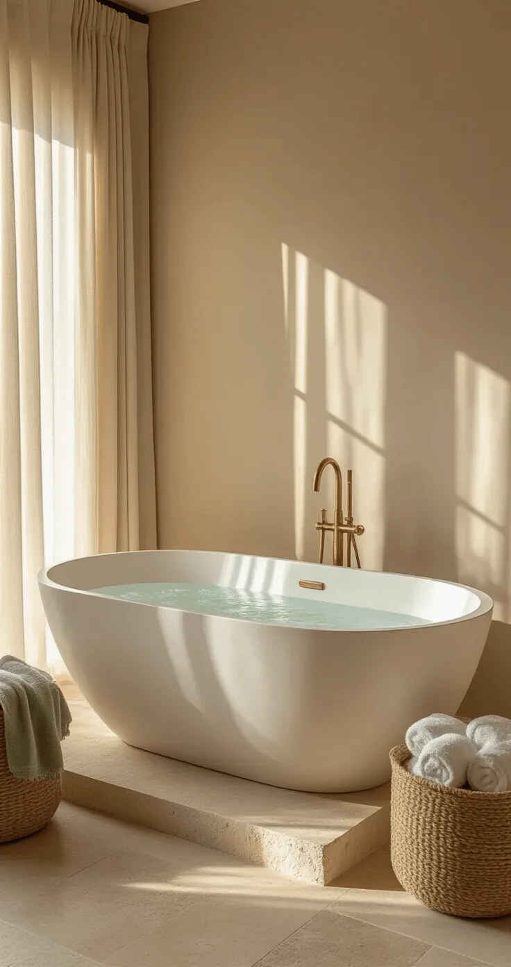 Elegant bathroom with a freestanding matte white tub on a textured stone base, warm amber light streaming through sheer curtains, travertine flooring, brass tub fixtures, and sage and cream towels rolled neatly, evoking a peaceful resort vibe.