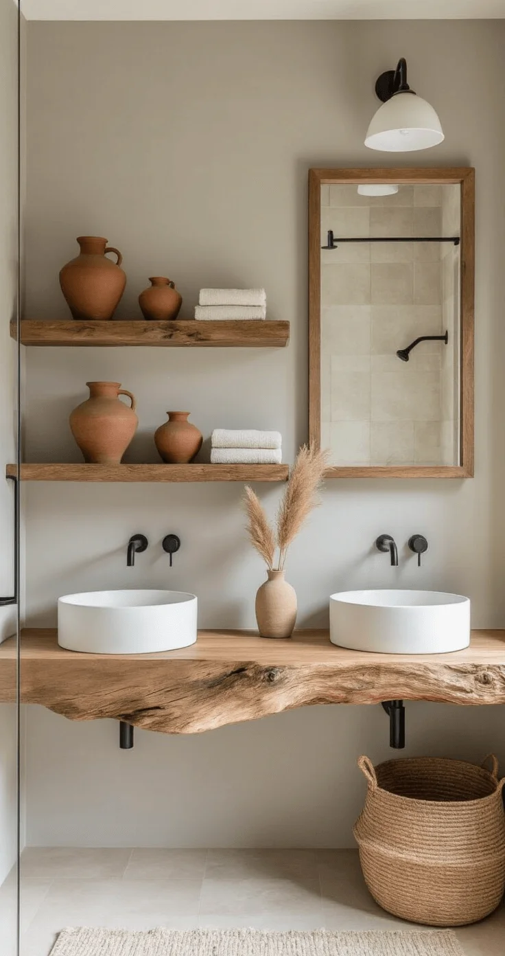 Tranquil bathroom showcasing reclaimed teak floating shelves, live-edge wood vanity, white vessel sinks, matte black fixtures, dove gray walls, terracotta pottery, dried pampas grass, and a mix of rough wood, smooth stone, and linen textures illuminated by soft light.