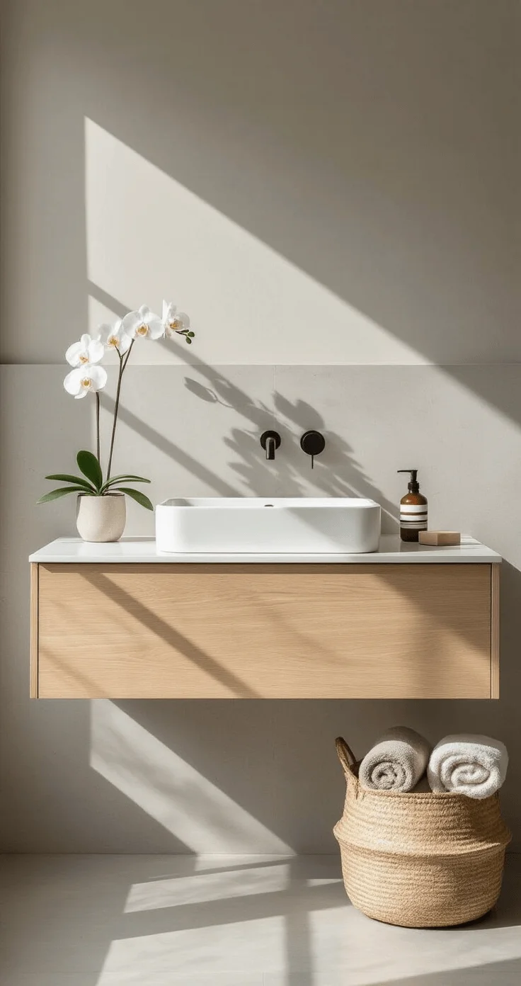 Minimalist bathroom with floating oak vanity, gray walls, geometric shadows on concrete-look tiles, a single orchid, rolled towels, and a sleek soap dispenser, creating a clean and serene space.