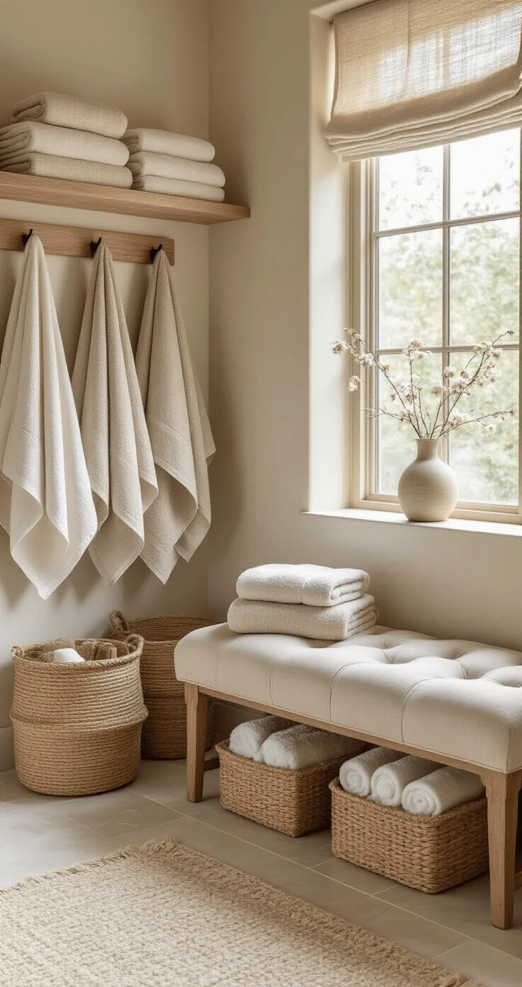 Inviting neutral bathroom with plush textiles, woven baskets, oversized towels on a wooden ladder shelf, a tufted linen bench by the window, and soft evening light creating a cozy ambiance.