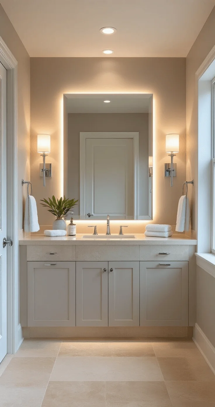 Spa-inspired bathroom with balanced lighting from sconces, recessed lights, and natural daylight; warm beige limestone tiles, backlit mirror, chrome fixtures, and a soft gray color scheme create a soothing environment.