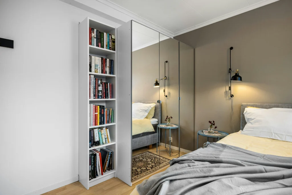 Natural fiber baskets used for storage in bedroom