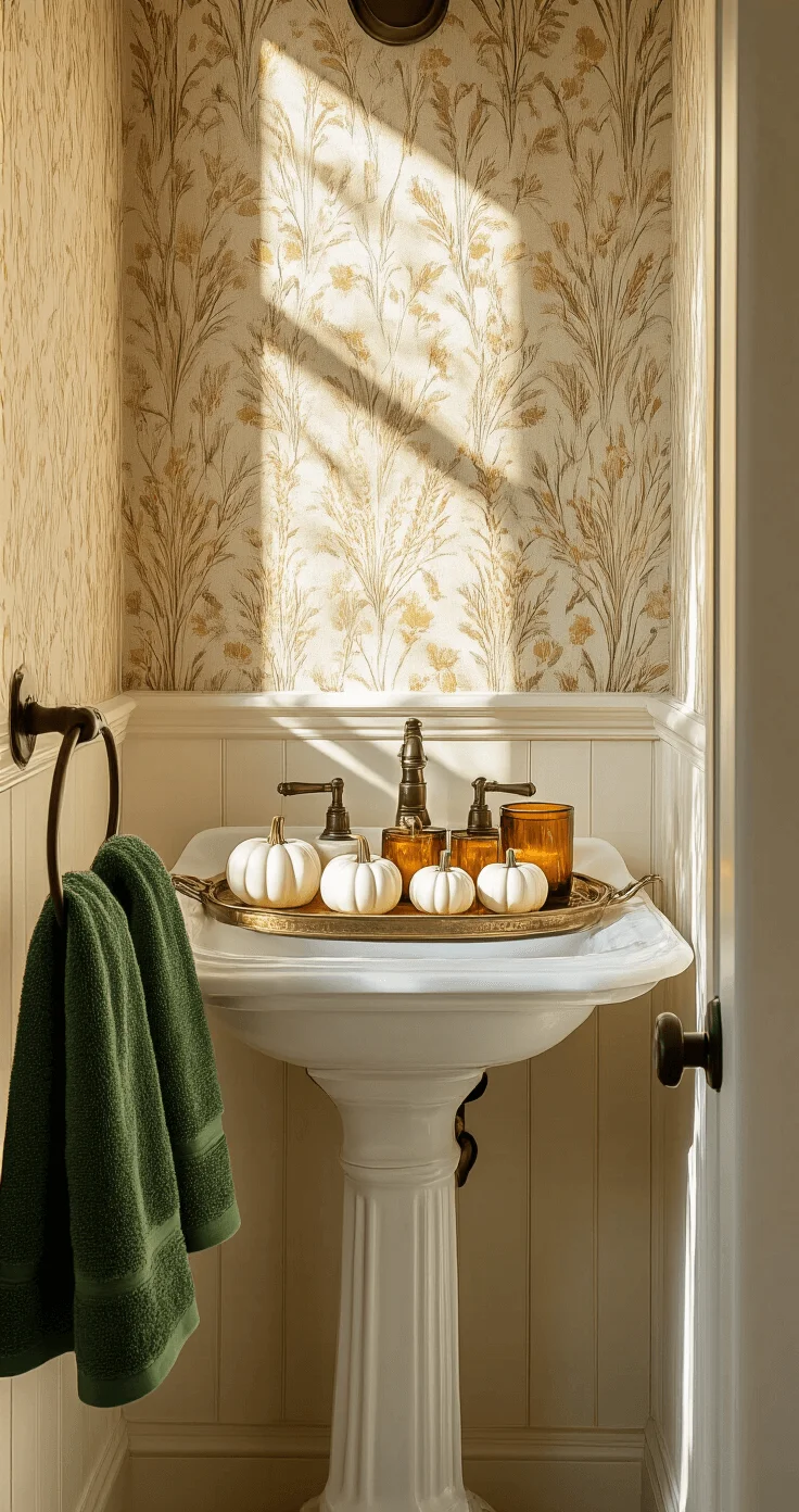 Cozy powder room bathed in golden hour light, featuring a vintage pedestal sink, an antique brass tray with miniature white pumpkins and amber votive candles, deep green towels hanging on an oil-rubbed bronze ring, and textured wheat-pattern wallpaper casting dramatic shadows.