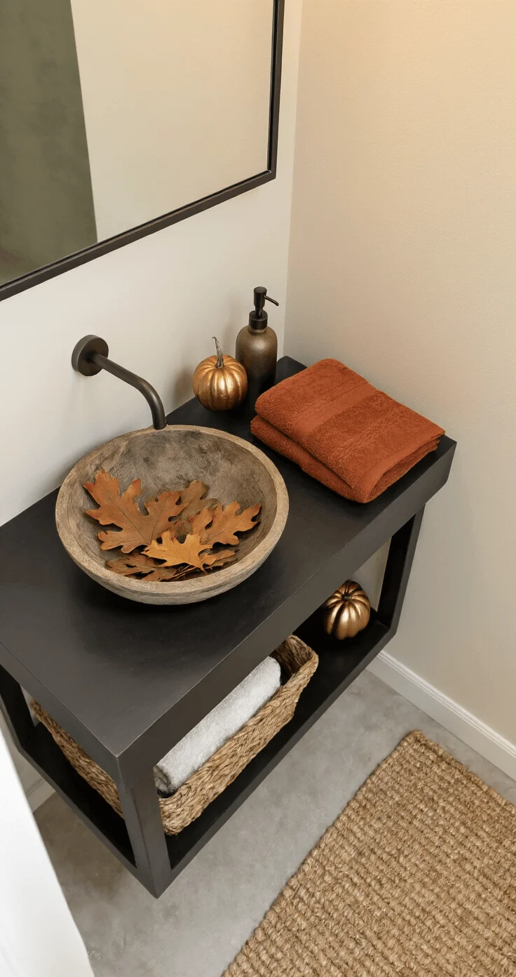 Modern guest bathroom at dusk with a matte black floating vanity against warm cream walls. The concrete vessel sink holds a rustic wooden bowl filled with preserved oak leaves, rust-colored Turkish towels, and metallic gold pumpkins. A woven basket on the floor stores extra towels, illuminated by soft, diffused lighting.