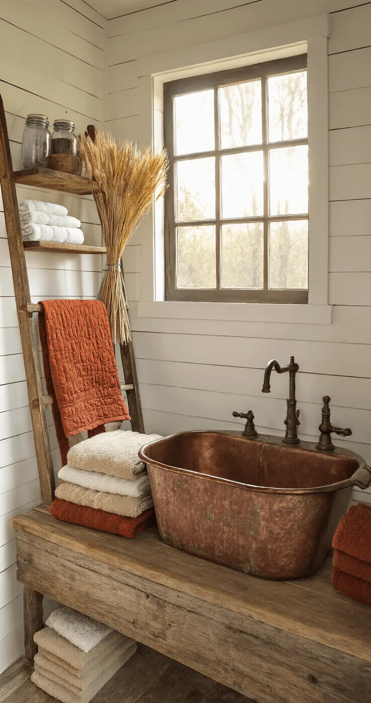 Rustic farmhouse bathroom with shiplap walls and a vintage copper sink, featuring a distressed wooden ladder holding quilted towels, mason jars filled with dried wheat and oak branches, and reclaimed wood shelves, all illuminated by warm sunset light.