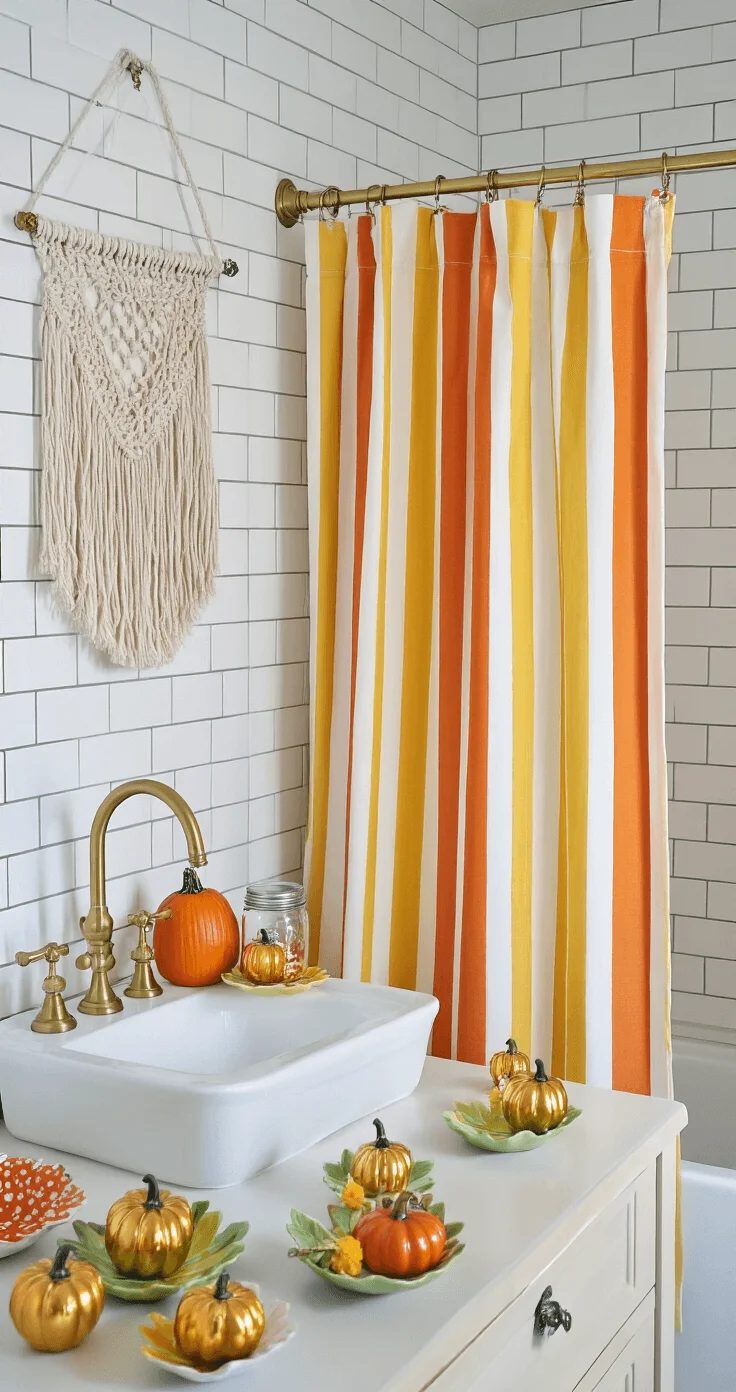 Bright and playful kids' bathroom featuring white subway tiles, an orange and yellow striped shower curtain, brass fixtures, ceramic leaf-shaped dishes on the vanity, and a glass jar filled with miniature golden pumpkins, accented by a macramé wall hanging.