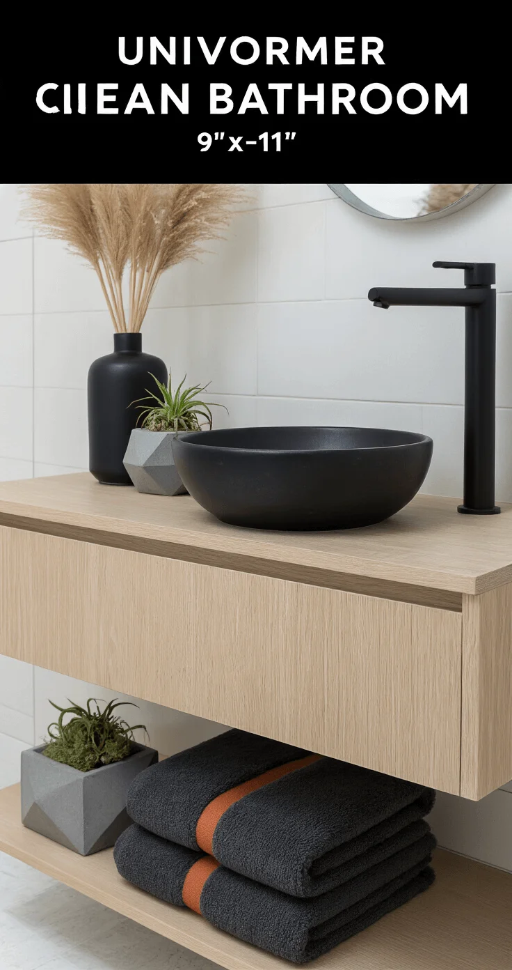 Minimalist urban bathroom featuring a sleek bleached oak floating vanity with matte black fixtures, styled with a black ceramic vase holding dried pampas grass, a geometric concrete planter with air plants, and a stack of charcoal towels accented with rust stripes, captured in crisp natural light from a low angle.