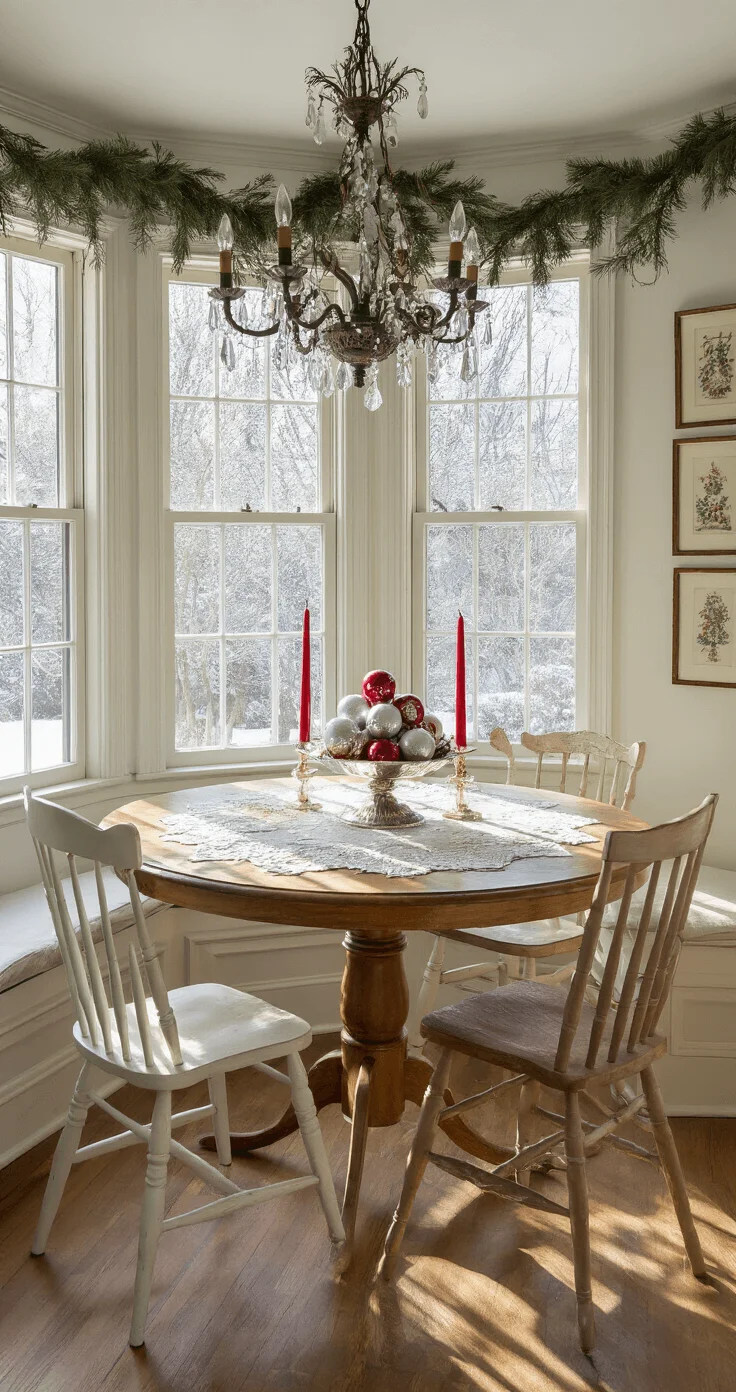 Vintage Ornaments as Holiday Centerpieces Dining nook with vintage Shiny Brite ornaments centerpiece and lace tablecloth
