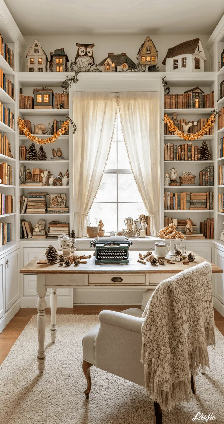 Vintage Animal Figurines for Holiday Decor Home office decorated with vintage animal figurines and holiday garlands