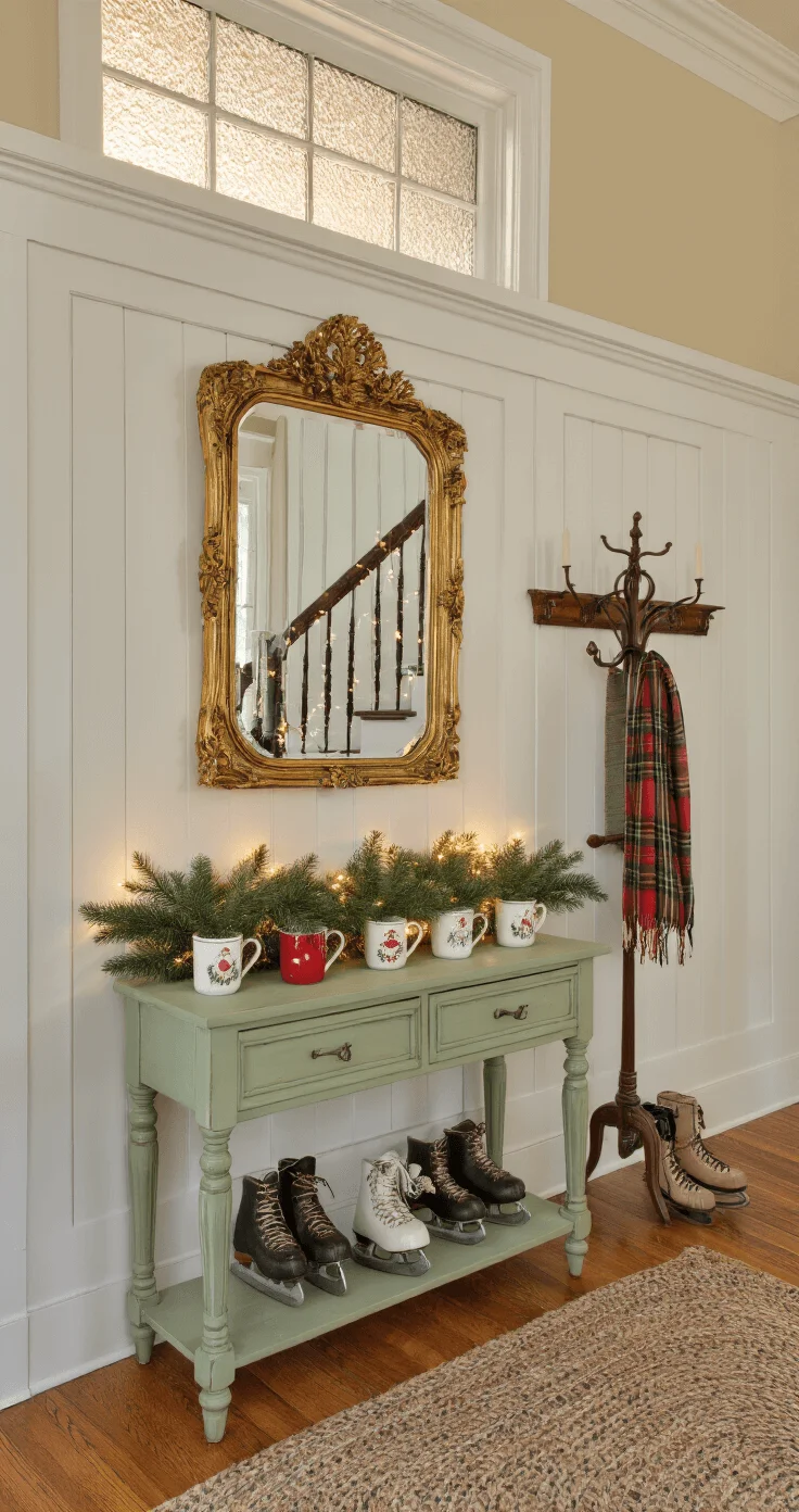 Vintage Santa Decor Ideas Entryway with vintage Santa mugs and holiday decor