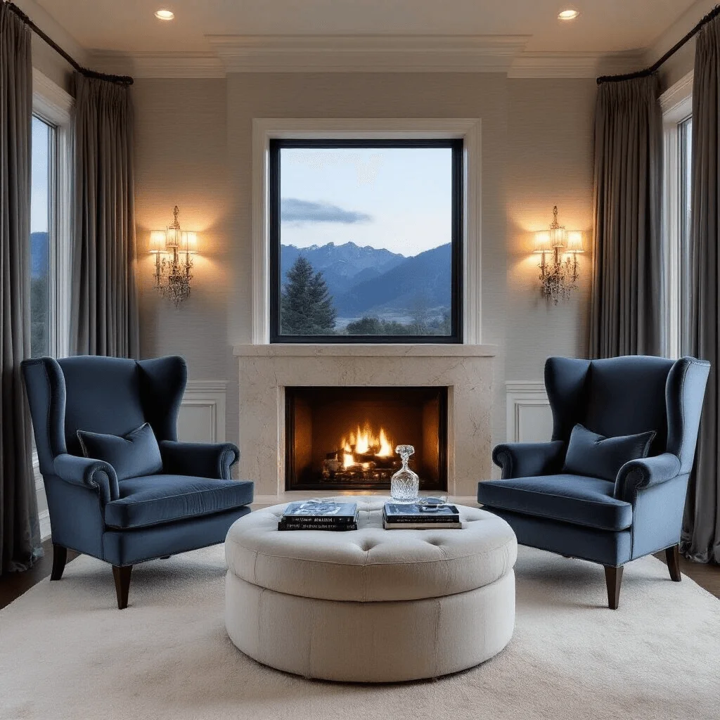Elegant reading retreat with oversized slate blue velvet wingback chairs, a limestone fireplace, plush ivory carpet, and soft lighting creating a tranquil atmosphere.
