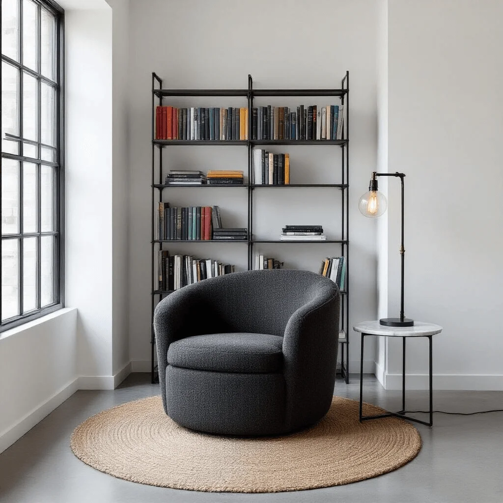 A sleek urban reading corner featuring a charcoal bouclé tub chair on a natural fiber rug, surrounded by a modern steel bookshelf with color-coordinated books, a marble side table, and minimalist lighting.