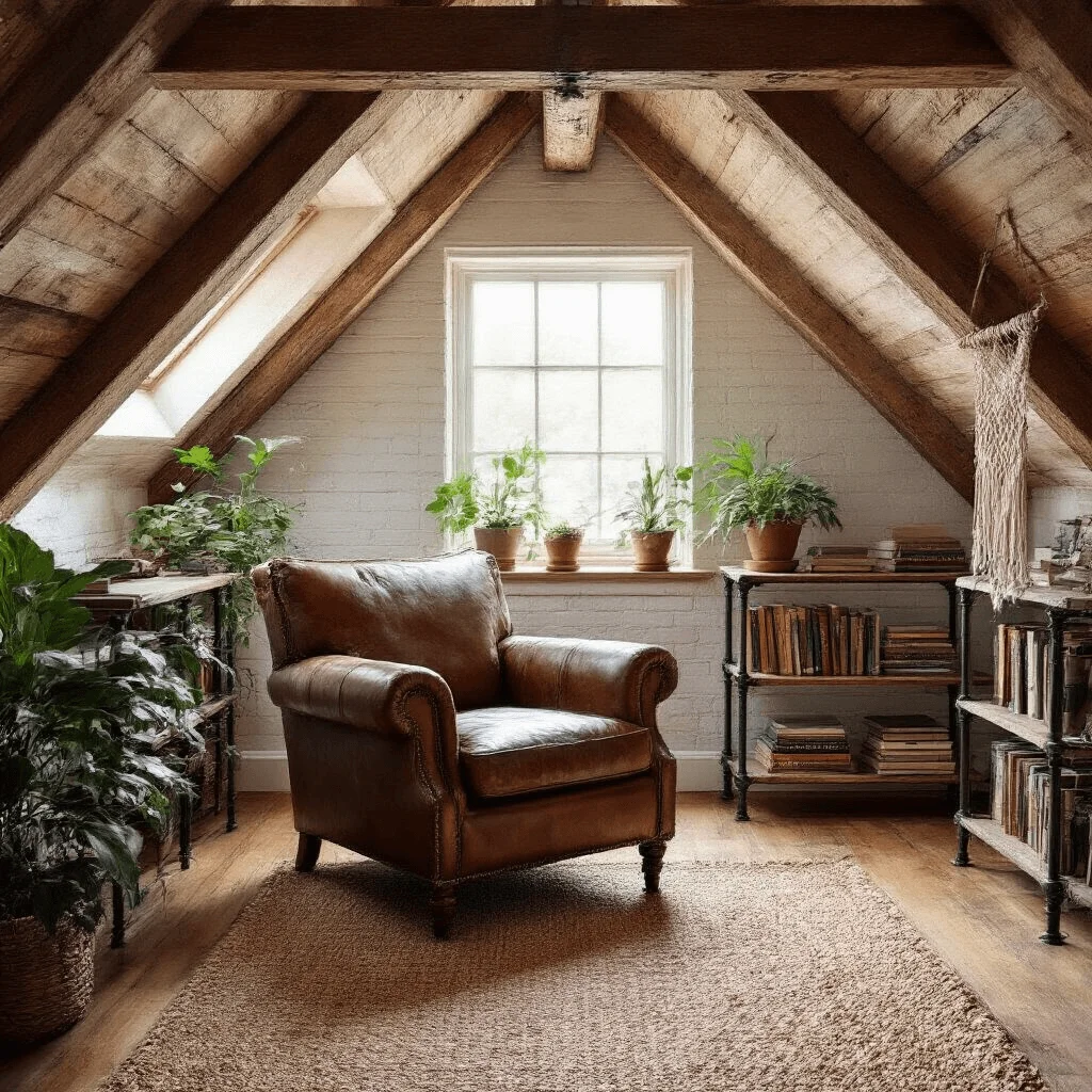 A cozy attic reading nook featuring a vintage leather club chair, industrial-style shelving, stacks of paperbacks, potted plants, and a macramé wall hanging illuminated by natural light.