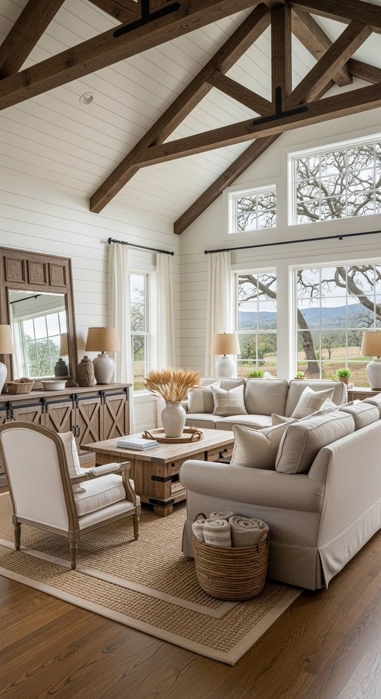 Beige linen sofa with exposed wood beams
