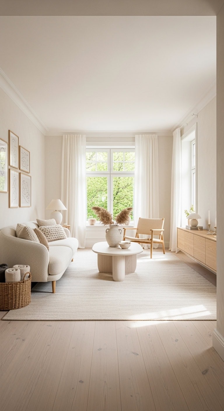 Scandinavian style living room with light wood floors