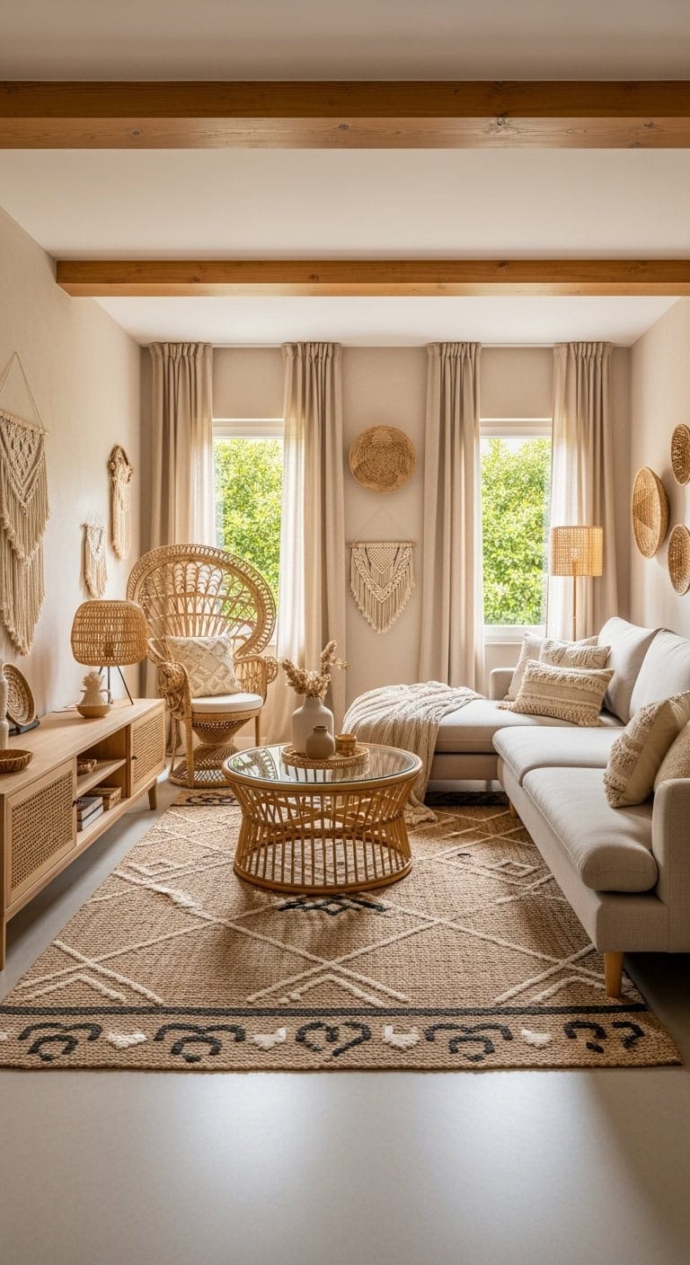 Boho living room with woven wood and macrame