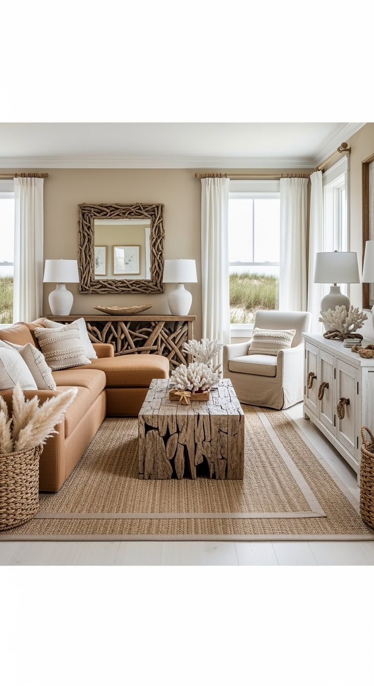 Coastal living room with driftwood and beige tones