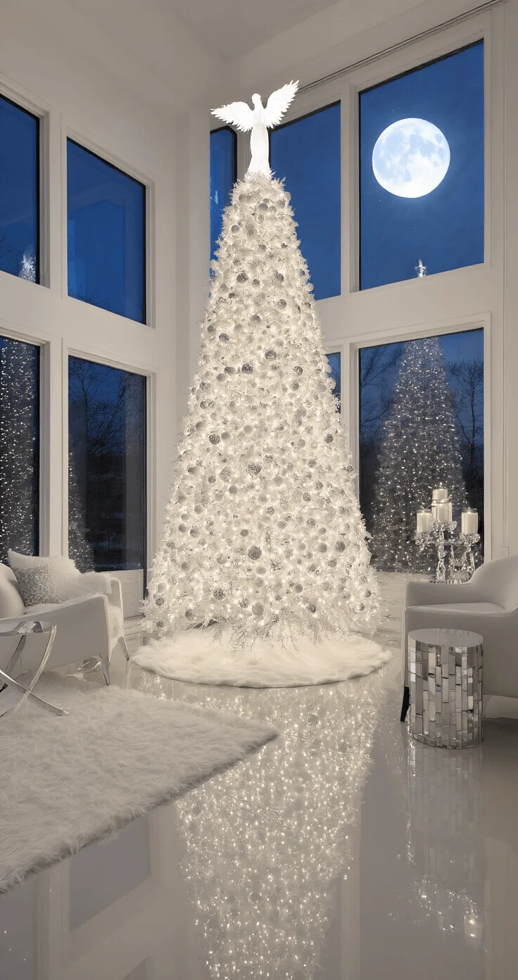 Traditional Christmas Tree Magic: A Festive Decorating Adventure An elegant open-concept living and dining area at night, featuring a grand flocked artificial tree adorned with thousands of white lights and white ornaments, with a mirrored tree skirt. Moonlight streams through floor-to-ceiling windows, enhancing the luxurious and ethereal winter palace atmosphere, while soft rugs and silver accents complement the scene.