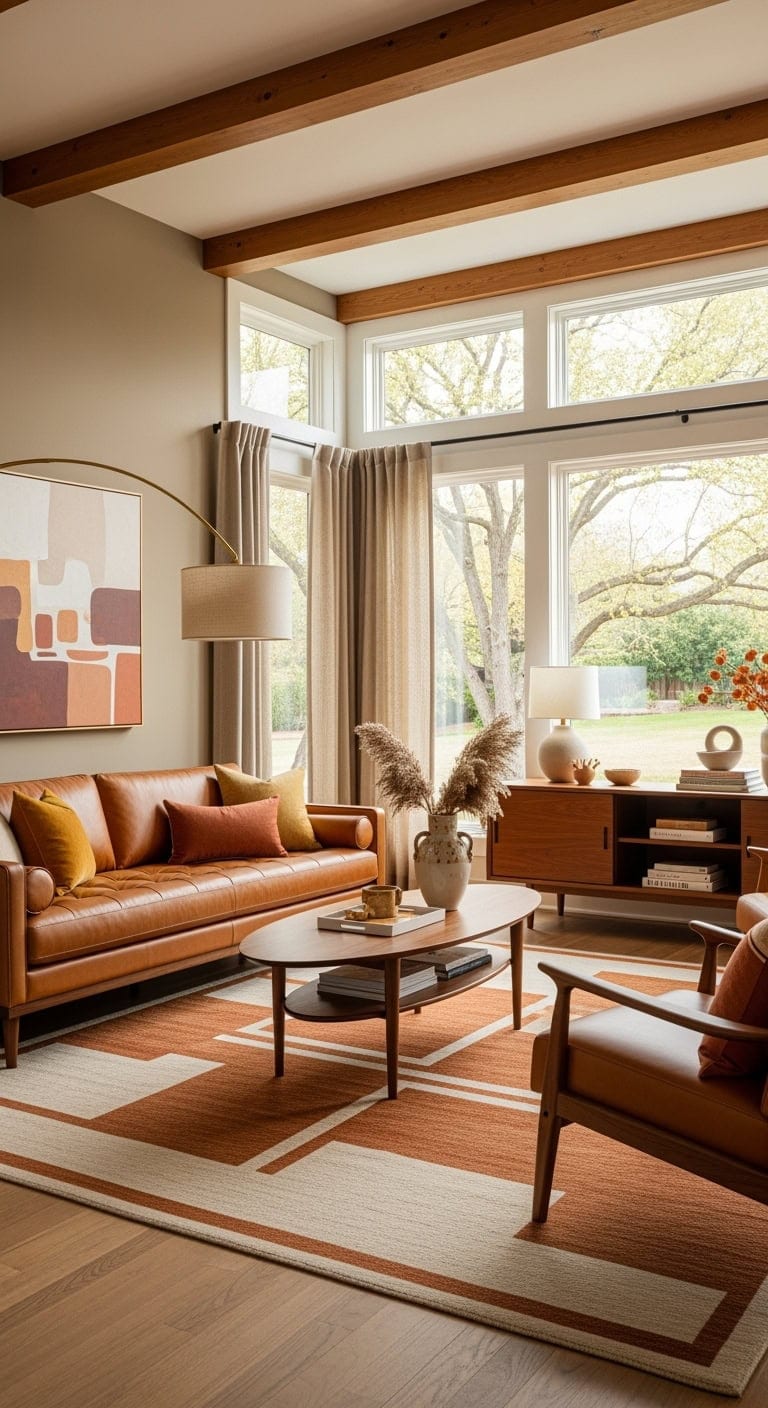 Mid-century modern living room with walnut and beige leather