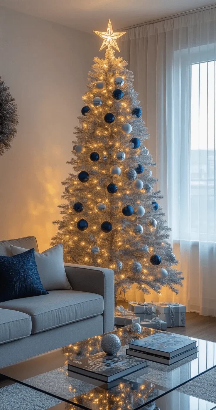 Traditional Christmas Tree Magic: A Festive Decorating Adventure A compact apartment living area featuring a slim artificial Christmas tree adorned with silver and blue ornaments, illuminated by cool white LED lights, set against a wall. Late afternoon golden hour light spills through sheer curtains, casting a warm glow on a modern grey sofa and glass coffee table. A white faux fur tree skirt contrasts with dark wood flooring, creating a serene winter wonderland atmosphere.