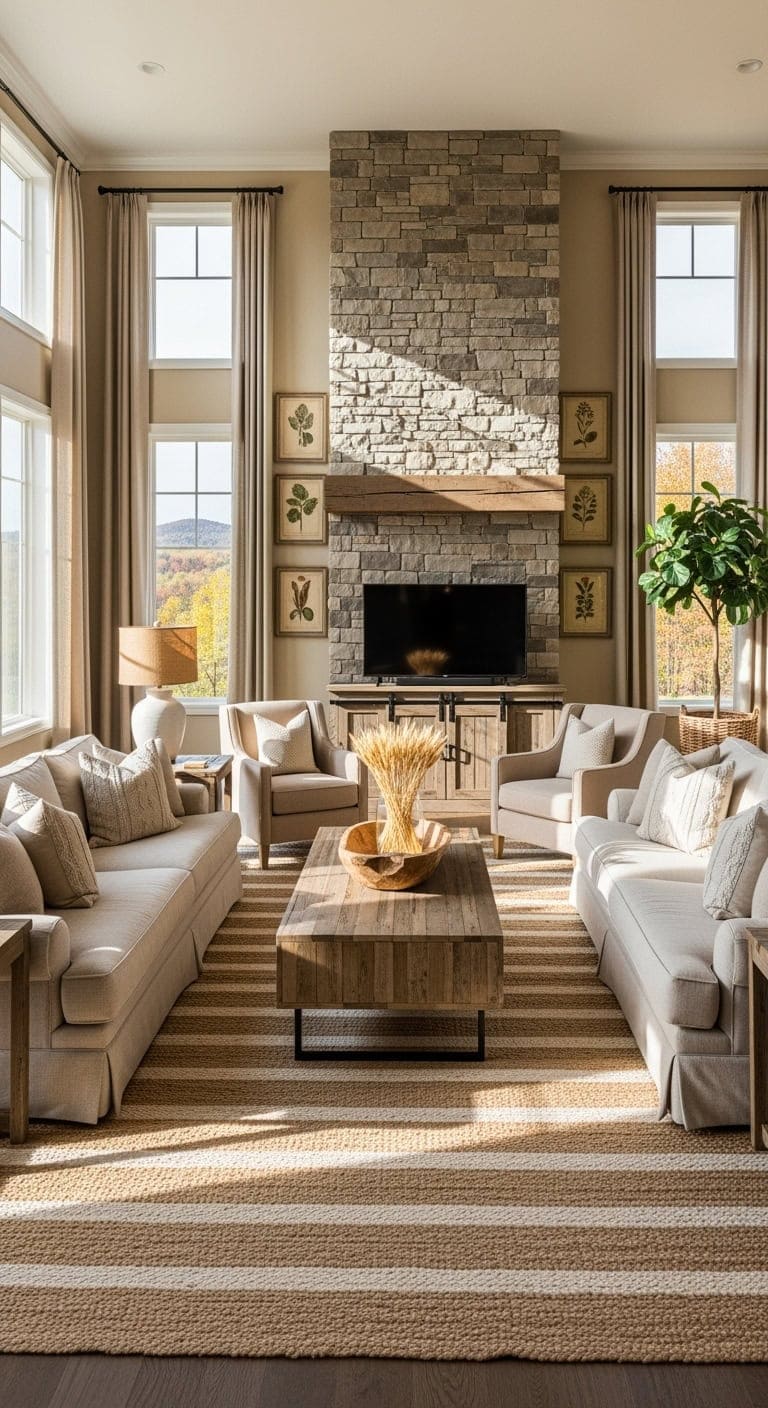 Rustic living room with reclaimed wood and beige fabrics