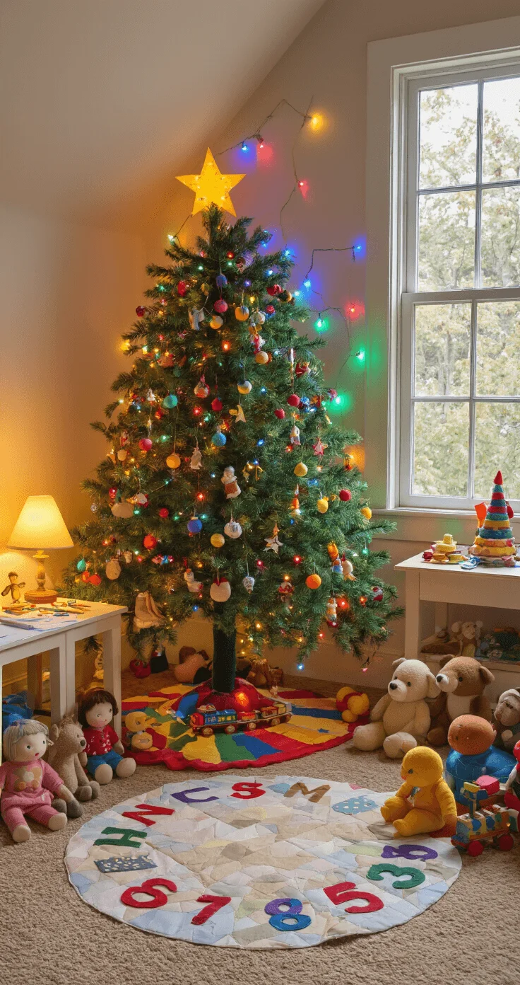 Traditional Christmas Tree Magic: A Festive Decorating Adventure A whimsical children's playroom featuring a colorful artificial tree adorned with rainbow ornaments and multi-colored LED lights, surrounded by stuffed animals and a quilted tree skirt with a toy train. A child-sized table with crayons sits nearby, illuminated by warm afternoon lighting.