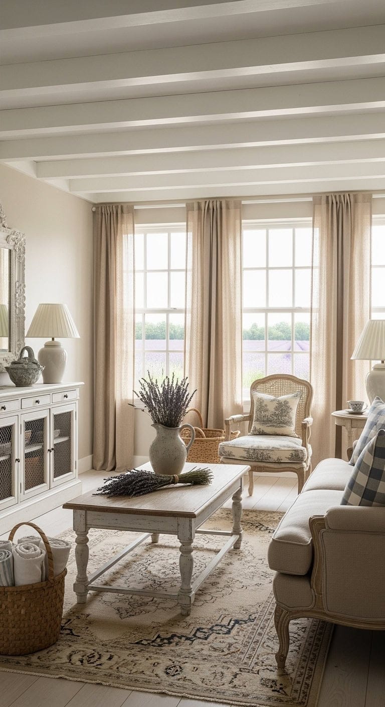 French country style living room with whitewashed wood