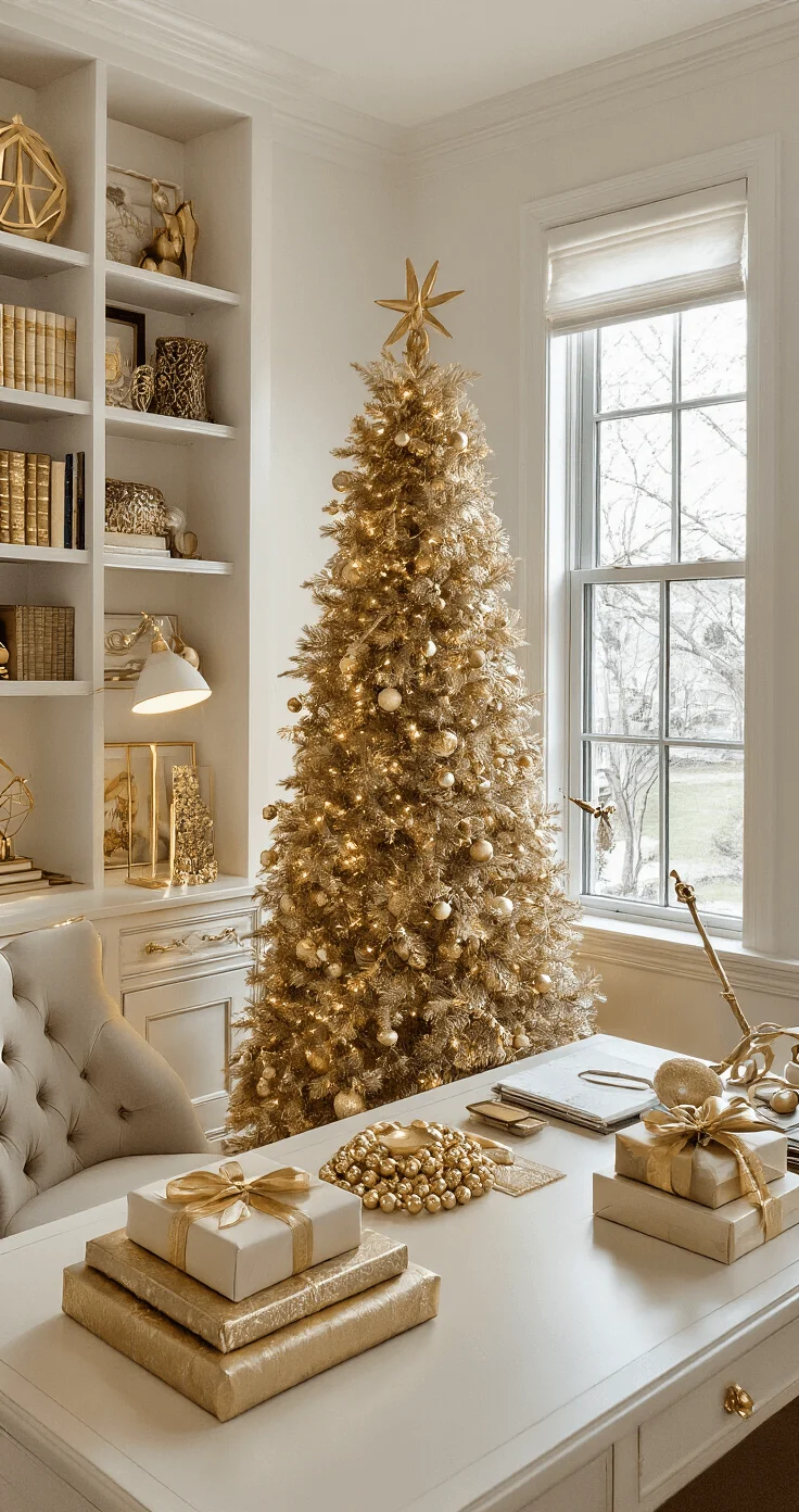 Traditional Christmas Tree Magic: A Festive Decorating Adventure A sophisticated home office features built-in bookshelves and a slim artificial tree adorned with monochromatic gold ornaments, a gold bead garland, and a geometric tree topper. Warm white lights gently illuminate the space, creating an intimate atmosphere with a gold metallic tree skirt, coordinating desk accessories, and elegantly wrapped gifts, all captured from an angled view of the desk.