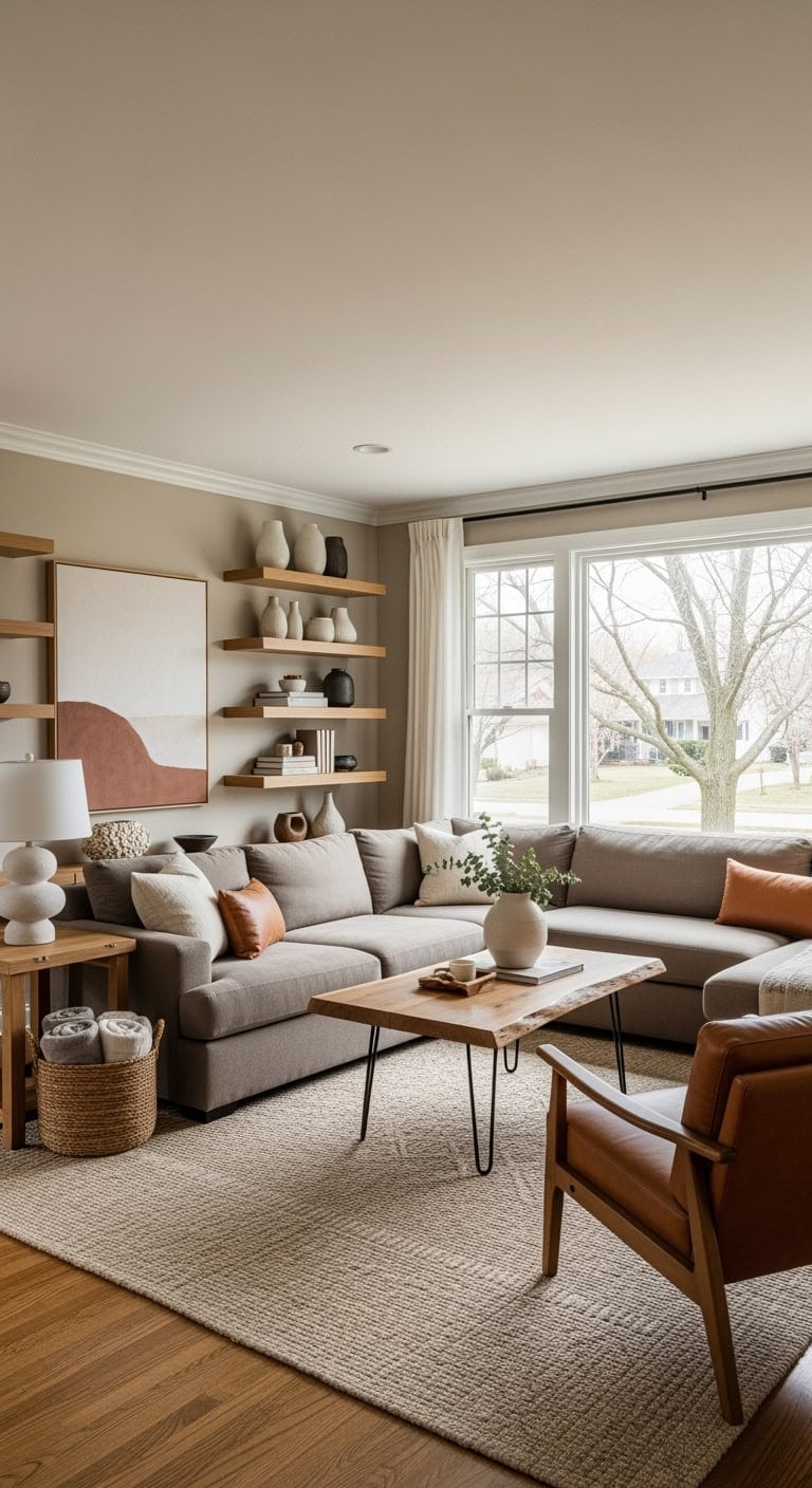Contemporary living room with taupe sectionals and oak shelving