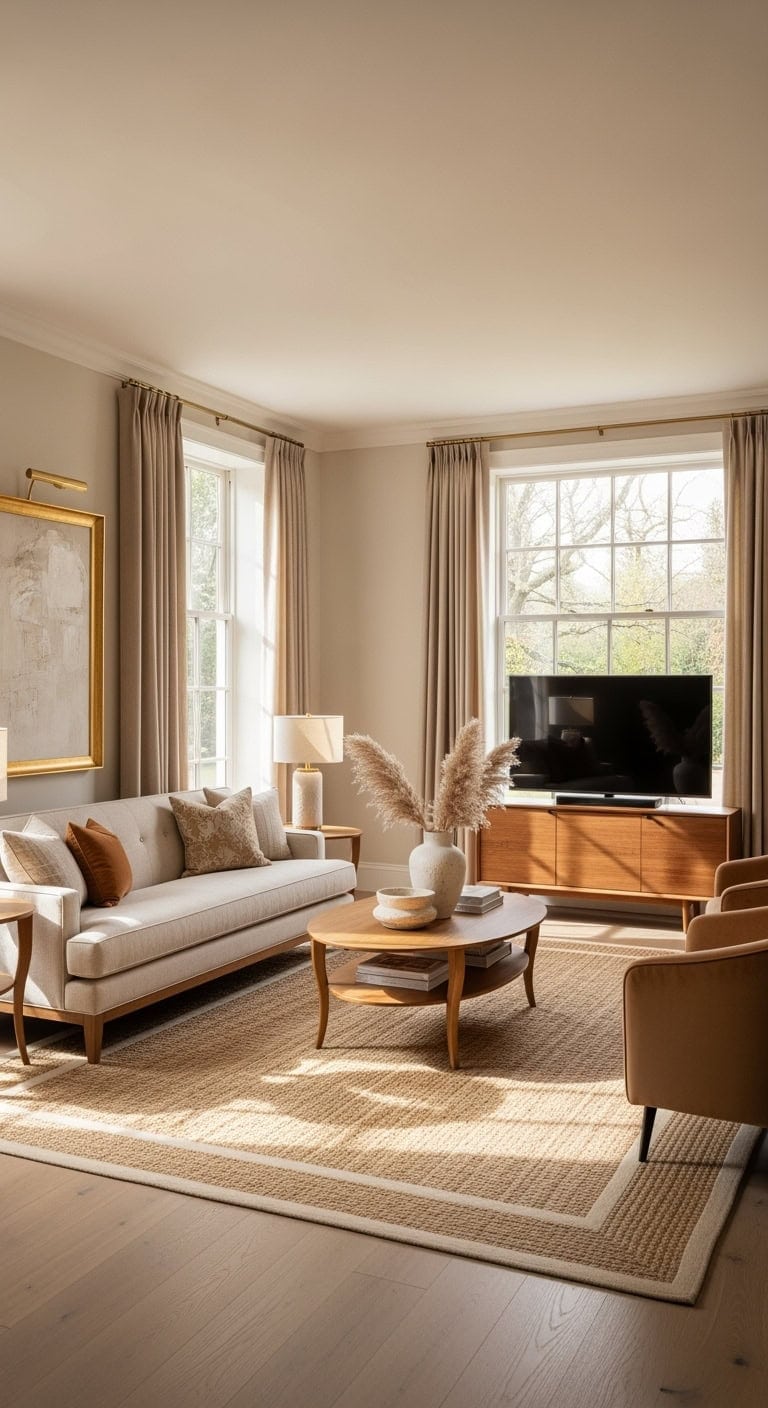 Transitional living room with honey wood and champagne beige