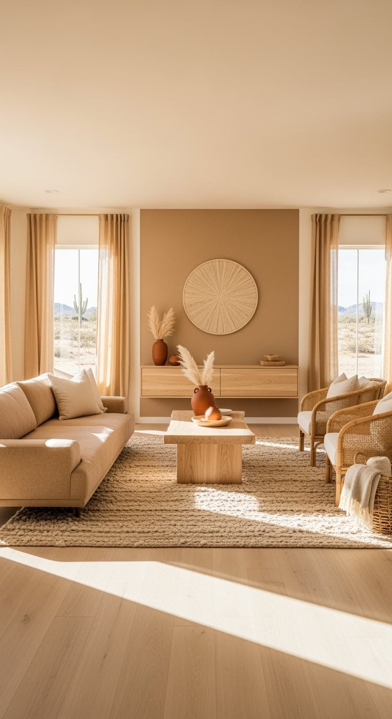 Desert modern living room with blonde wood and adobe beige