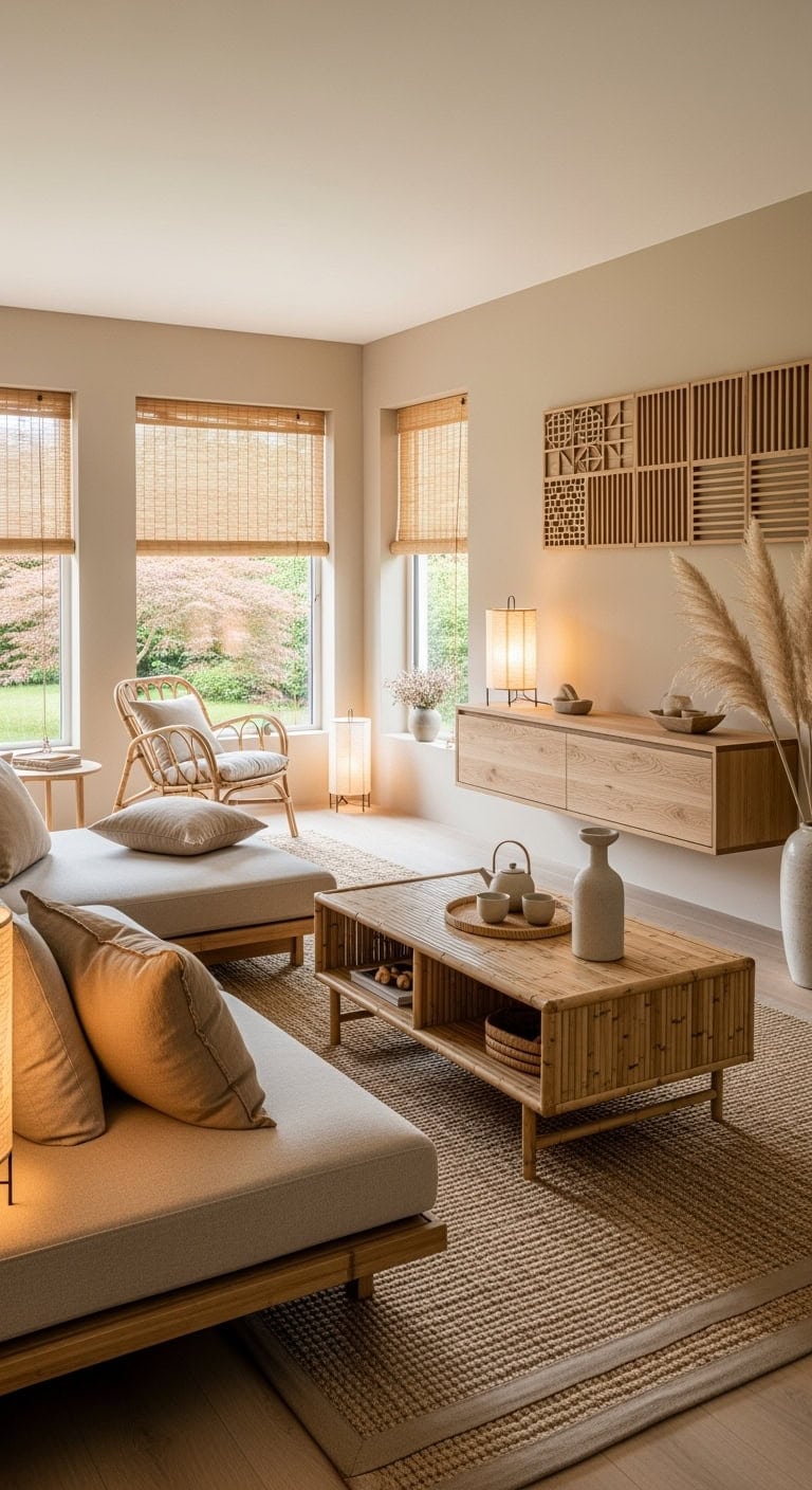 Japandi style living room with bamboo and beige tones