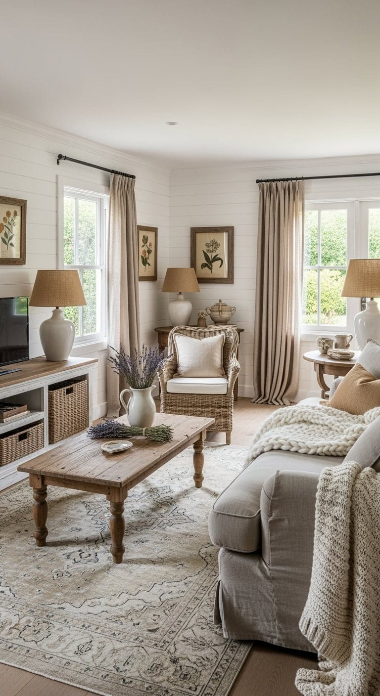 Cottage core living room with painted paneling and beige throws