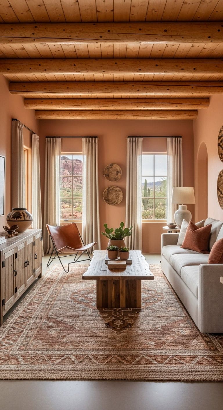 Southwestern style living room with wood vigas and terra-cotta textiles
