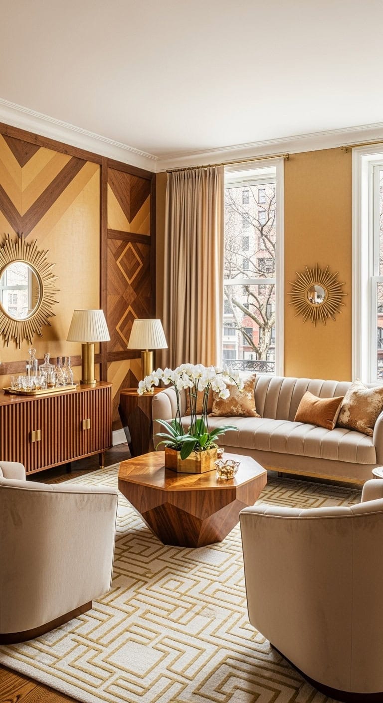 Art Deco living room with beige velvet and geometric wood